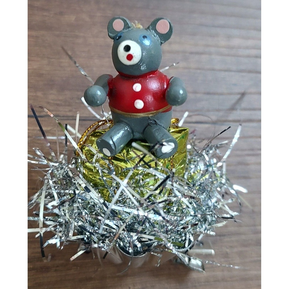 Vintage Teddy Bear Clip On Ornament Handmade Teddy Bear Gold Present Tinsel O6